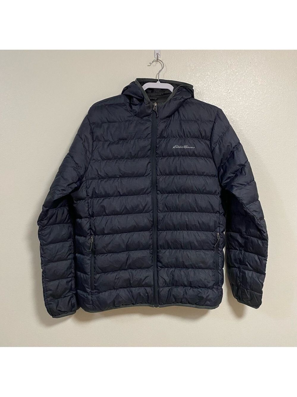 Eddie Bauer Jacket Men's Size Medium Dark Gray Hooded 650 Down Puffer Jacket